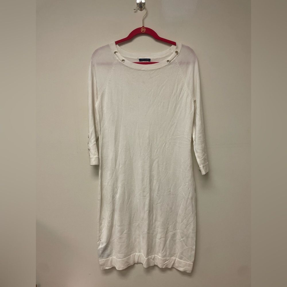 Womens Tommy Hilfiger White Long Sleeve Sweater Dress with Gold Buttons SZ M